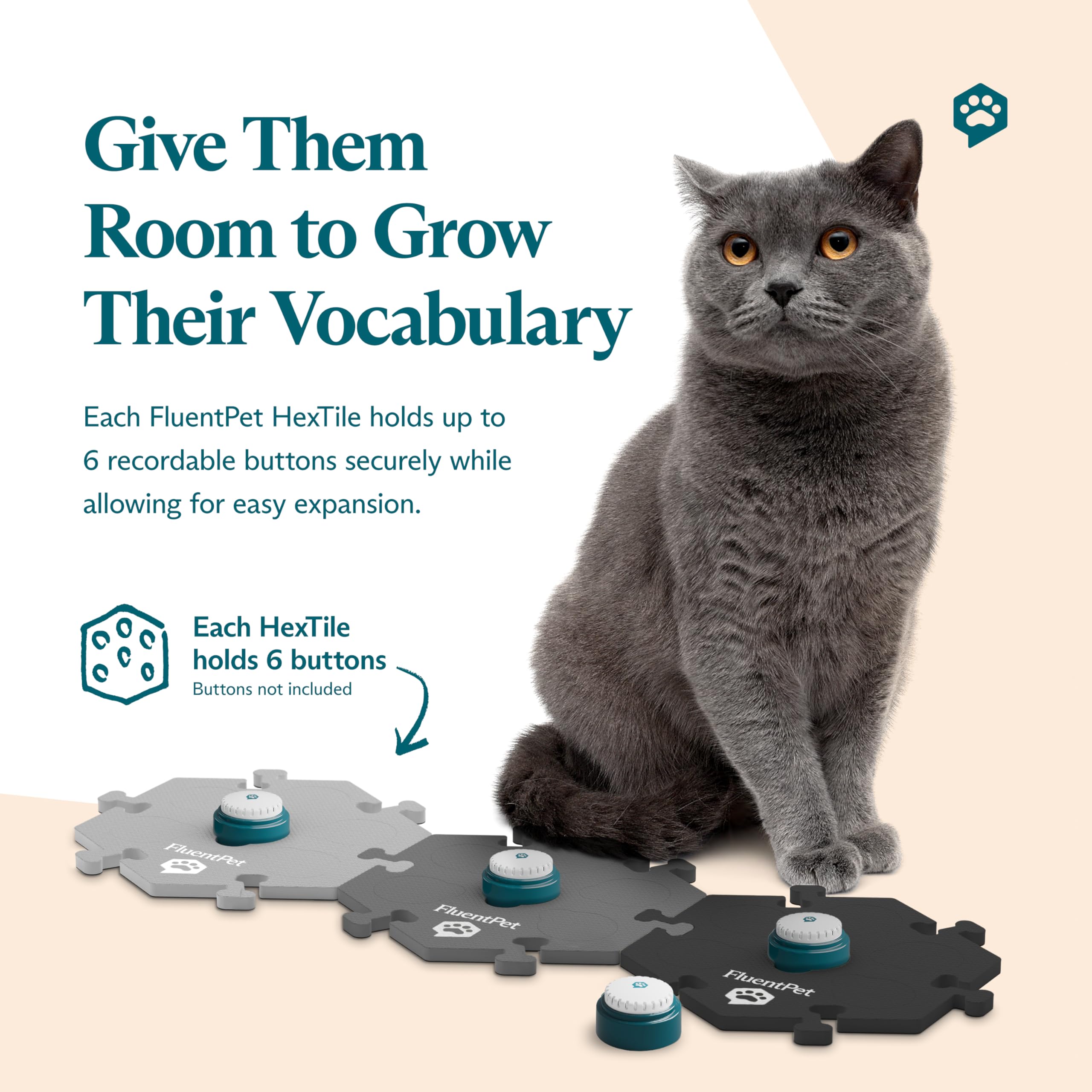 Fluentpet Hextile - White | Accessory Dog And Cat Button Learning Kits | Can Hold Up To 6 Buttons | Soft, Durable, And Non-Slip